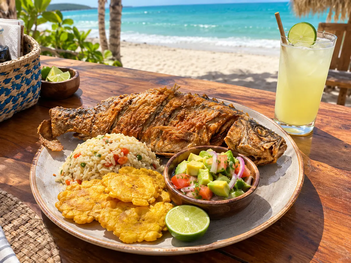Ganzer frittierter Fisch mit Kokosreis, Patacones und Avocadosalat auf einem Strandtisch