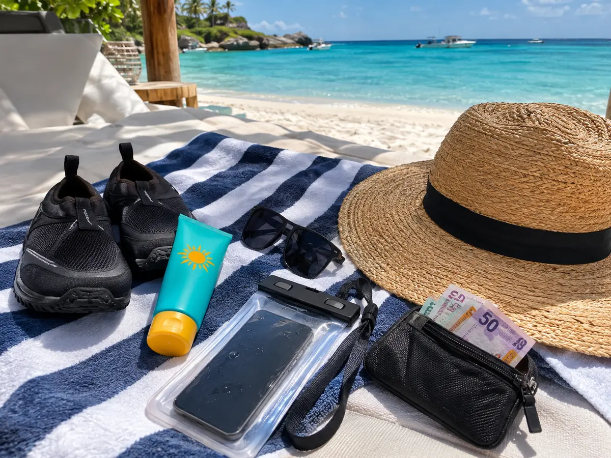 Wasserschuhe, gestreiftes Handtuch, Sonnencreme, Strohhut und eine wasserdichte Handyhülle auf einem Strandbett
